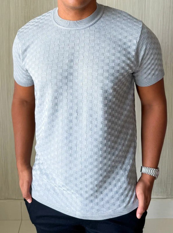 Camiseta Masculina Manga Curta Xadrez Tricô Leve Elegante