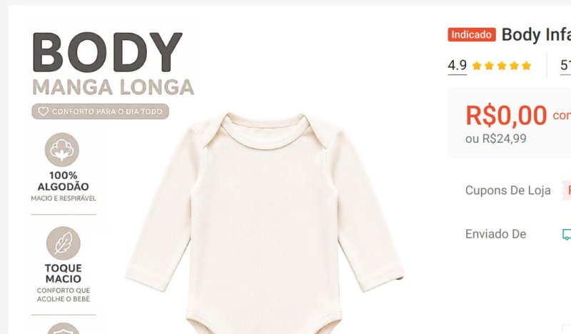 Body Infantil Manga Longa Off White 100% Algodão Bebê Unissex