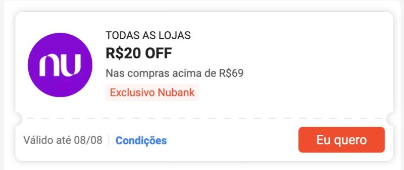 R$20 OFF em compras acima de R$69 com cartão Nubank na Shopee