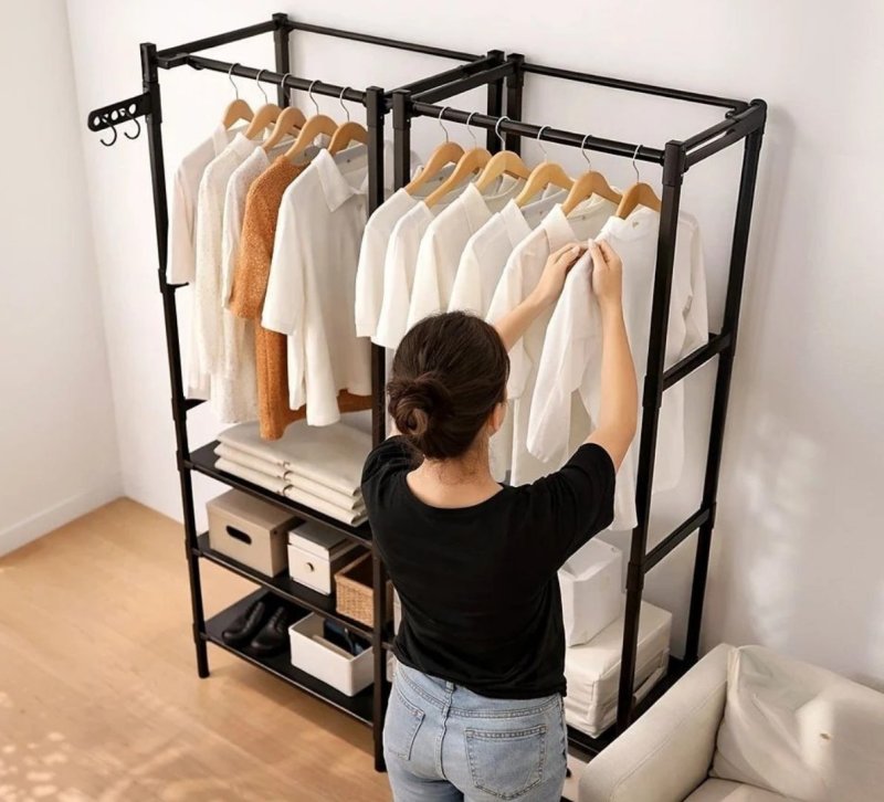 Closet Aberto IRSINA 2 Divisórias Preto com 6 Prateleiras Aço Inox