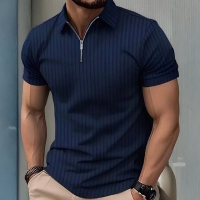 Camiseta Polo Manga Curta Com Ziper Masculina Malha Canelada