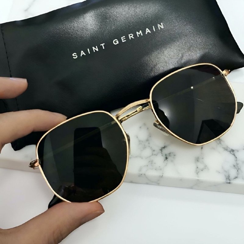 Óculos De Sol Saint Germain Dourado Harbor Aviador Uv400 Lente Preto Desenho Espelho