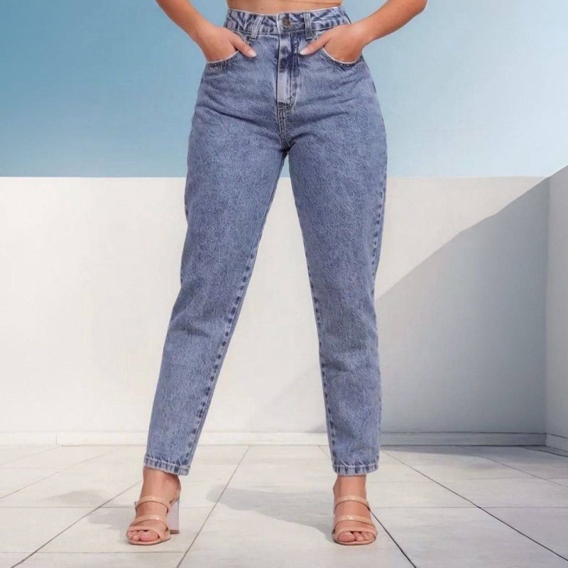 Calça Mom Jeans Feminina Cintura Alta Marmorizada
