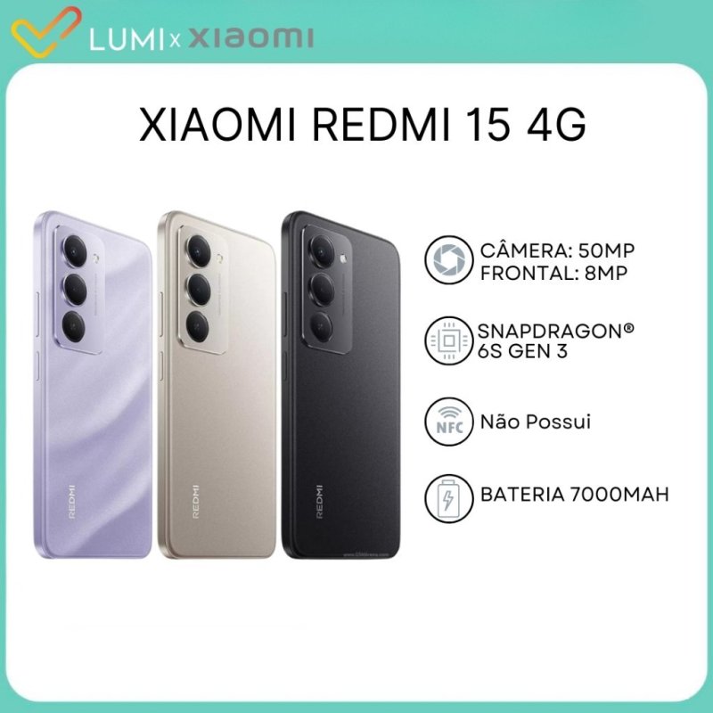 Xiaomi Redmi 15 4G, Versão Global, Bateria 7000mAh, 128/6GB ou 256/8GB Processador Snapdragon 685, Câmera 50MP