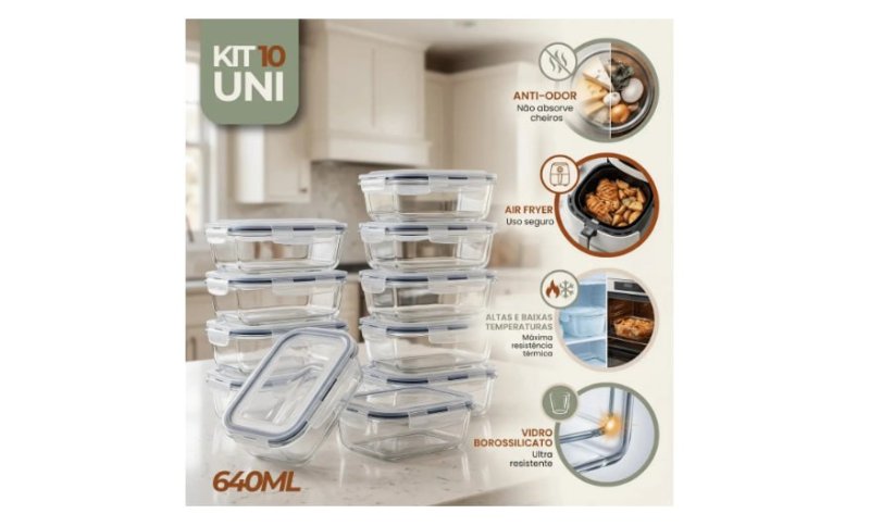 Kit 10 Potes De Vidro Marmita Hermético 640ml