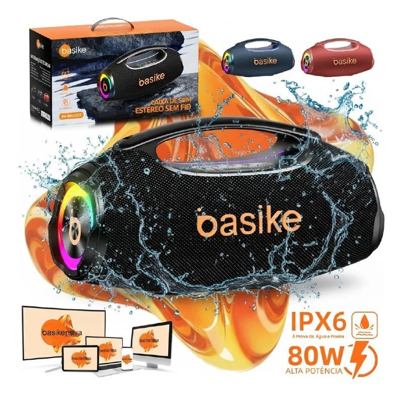 Caixa de Som Boombox 80W 8000mAh 10h Portátil Bluetooth 5.3 IPX6 RGB - Basike