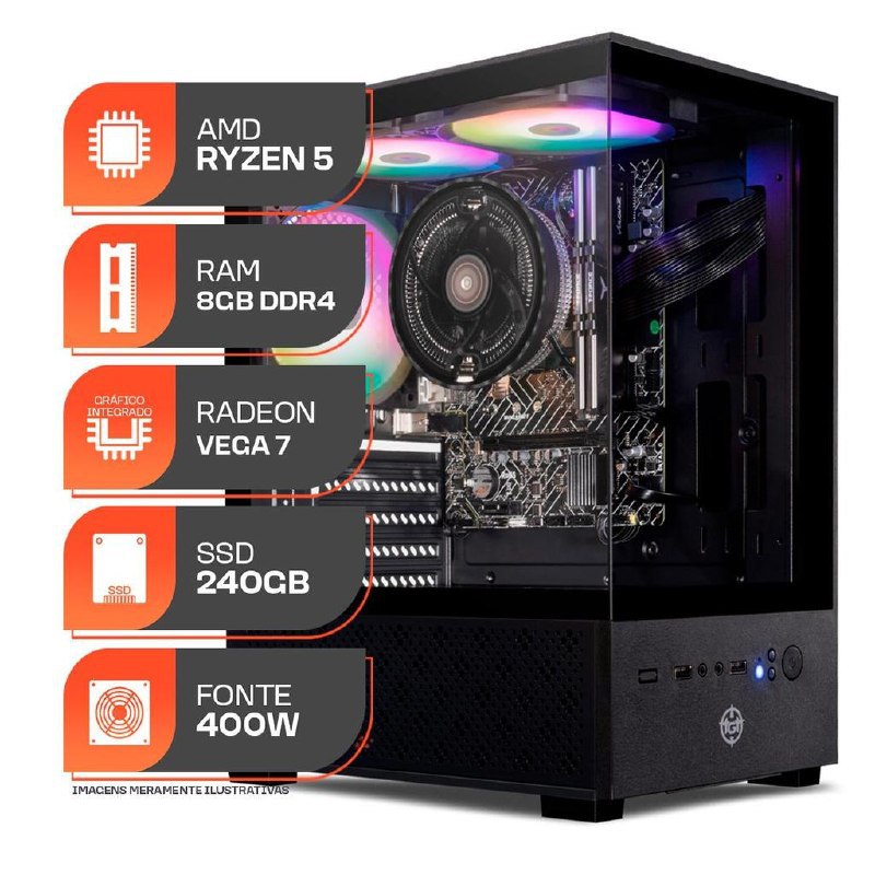 PC Gamer Forge, AMD Ryzen 5 5600GT, 8GB DDR4, SSD 240GB, 400W 80 Plus