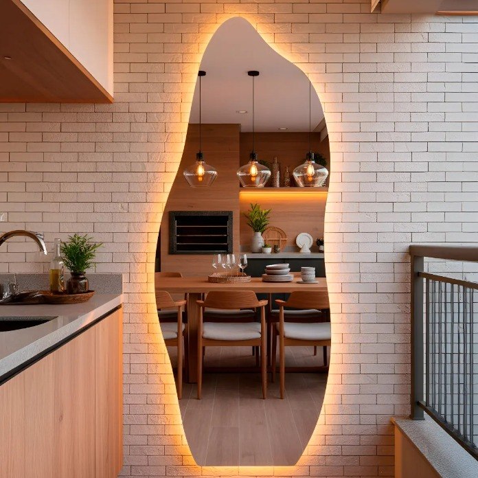 Espelho Orgânico Com Led 150x50 Cm Para Sala Quarto Banheiro Moldura Flame Led Quente + Frete Grátis