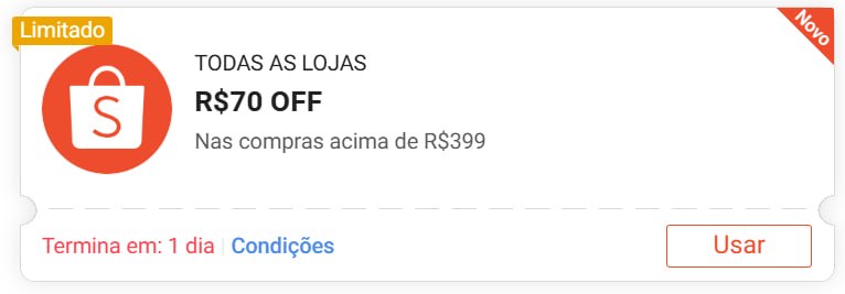 Cupom Shopee R$ 70 OFF em R$ 399