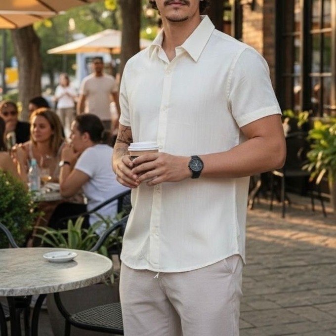 Camisa De Linho Masculina Manga Curta Para Verão Moda Praia
