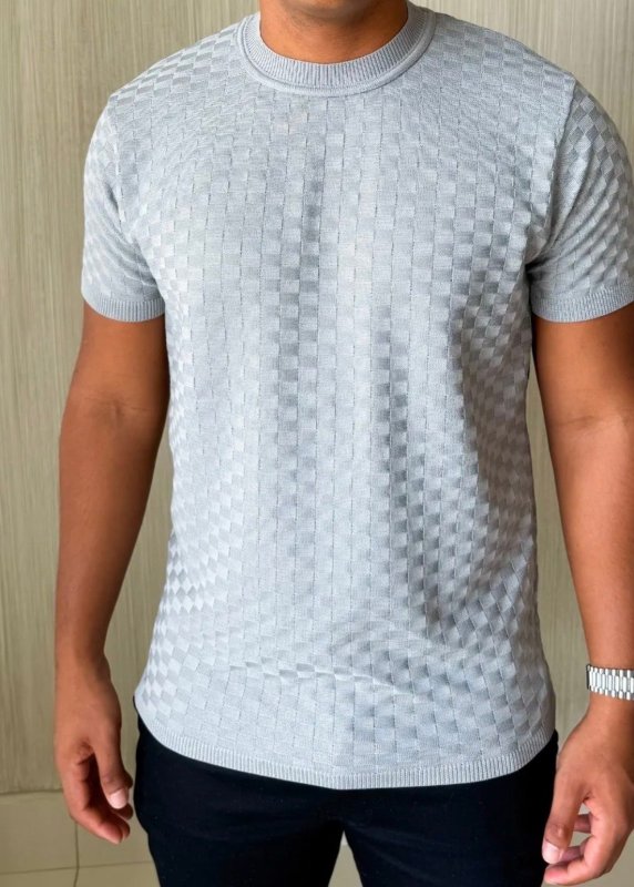 Camiseta Masculina Manga Curta Xadrez Tricô Leve Elegante