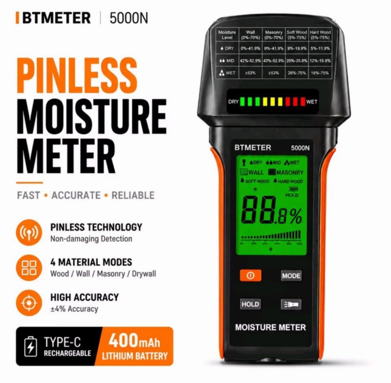 Medidor de Umidade Sem Pinos, Detector de Umidade Não Destrutivo para Paredes, Alvenaria, Madeira Macia e Madeira Dura - 4 Modos, LCD Retroiluminado, Alarme