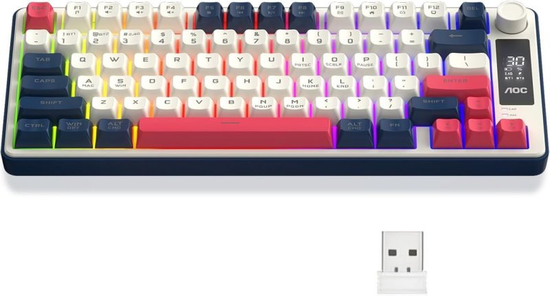 AOC GK280 Teclado sem fio 70%, Bluetooth Trimodo /2.4 GHz/USB-C, Teclado Gamer RGB LED
