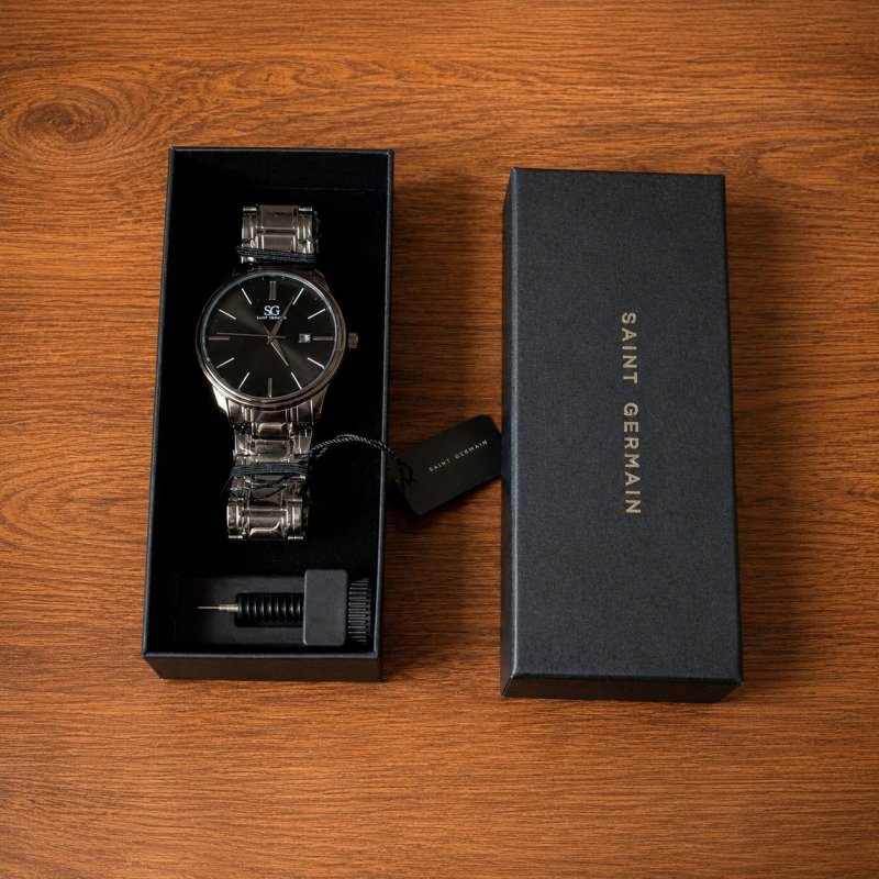 Relógio Chroma Masculino Preto Saint Germain Clássico Caixa Preta Detalhes Prata 42mm