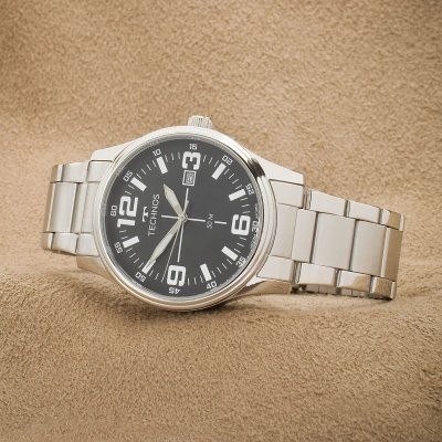 Relógio Technos Militar Masculino Prata Fundo Preto Quartzo Aço Inoxidável