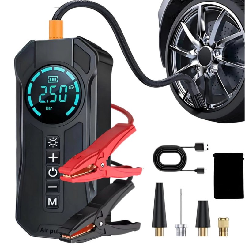Bomba de Ar Portátil Compressor 4 em 1 PowerBank 8000mAh Calibrador
