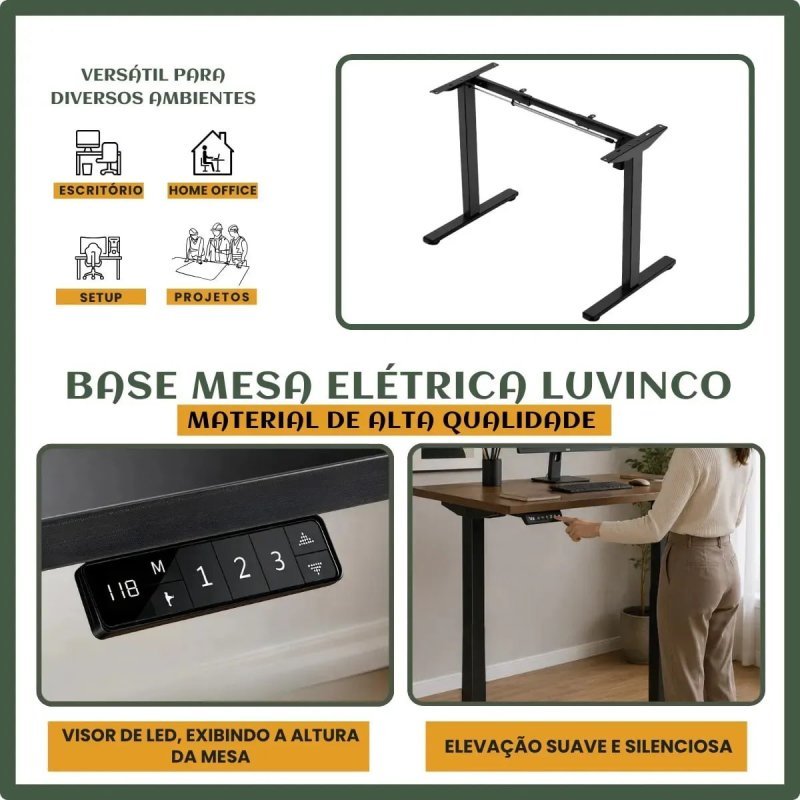 Estrutura De Mesa Elétrica Ergonômica Ajustável C/ Regulagem Altura Estável Escritório Cor Preta LuvinCo