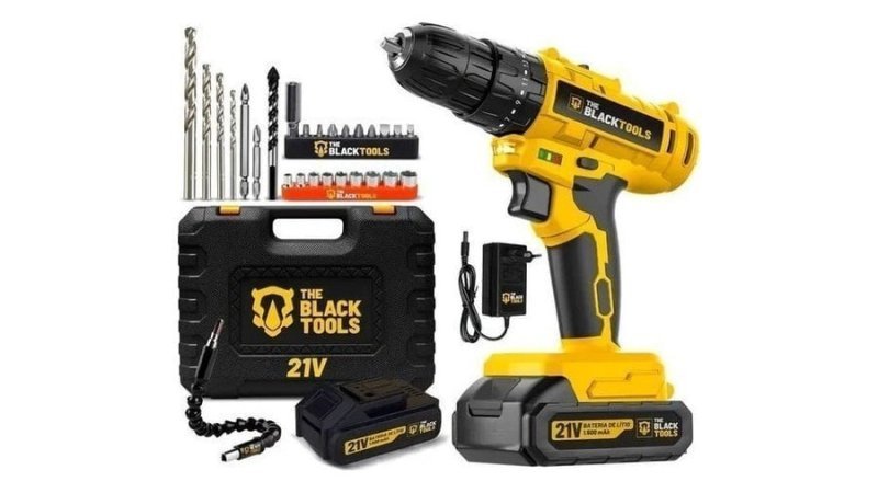 Parafusadeira Furadeira De Impacto A Bateria 21V 3/8” Bivolt 1400 Rpm Com Acessórios E Maleta TB-21PZW The Black Tools