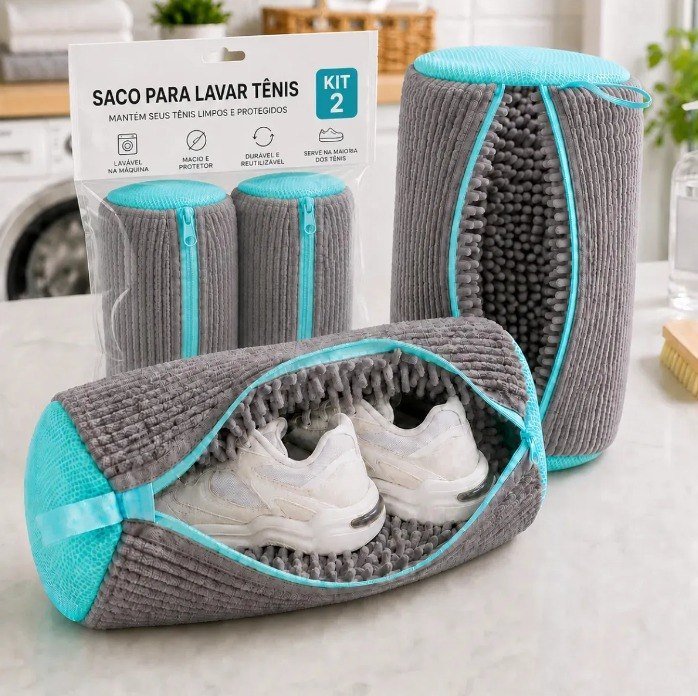 Kit 2 Sacos Para Lavar Tênis E Sapatos Em Máquina De Lavar – Saco Telado Anti-Impacto Com Fechamento Em Zíper