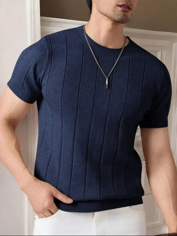 Camiseta Masculina Básica Canelada Manga Curta Tricot Modal