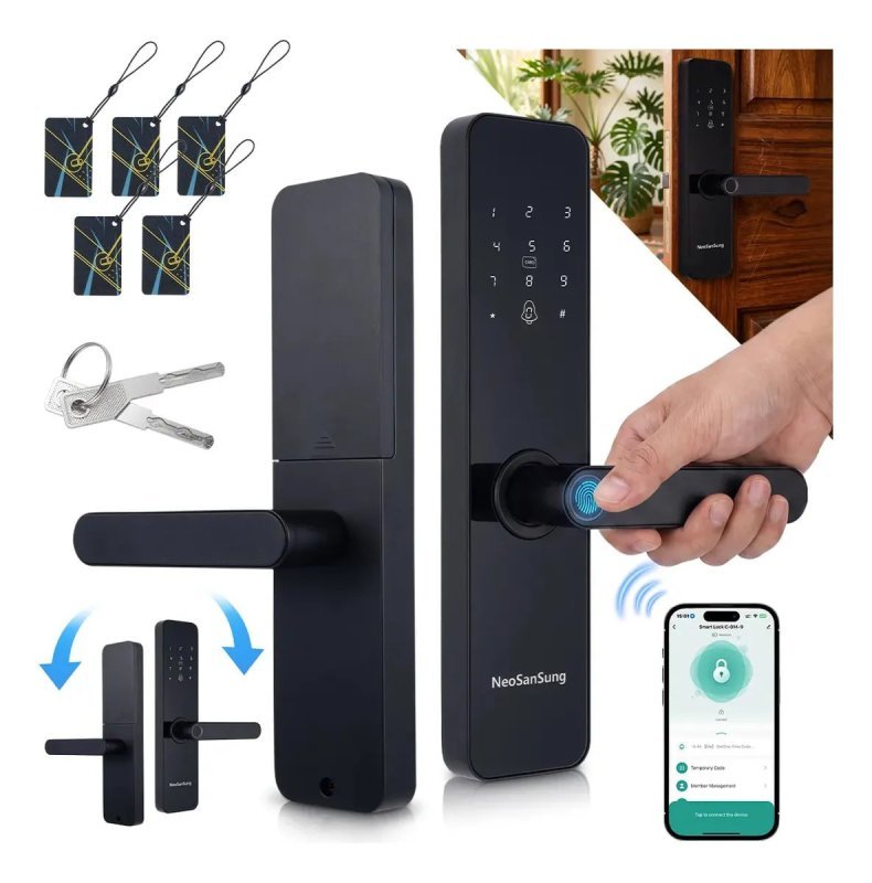 Fechadura Eletrônica Digital Tuya - Biometria, Senha, Tag e Chave - Preta