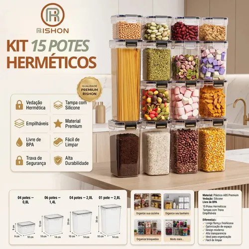 Kit 15 Potes Hermético Cadencia Mantimentos Quadrado Cozinha Branco Rishon 22,4 Litros