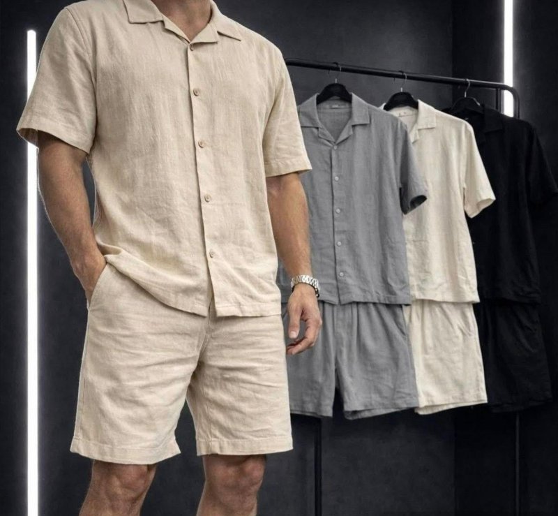 Conjunto Masculino Linho Camisa Shorts Mauricinho Com Bolso