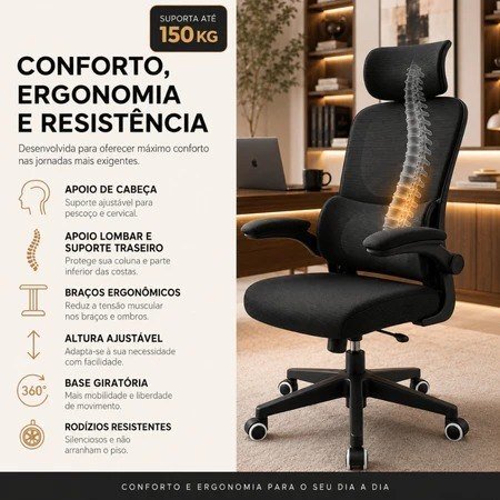 Cadeira Ergonômica Executiva Mesh Premium Presidente 150Kg NR17 Pistão Classe 4 Apoio Lombar MAAT