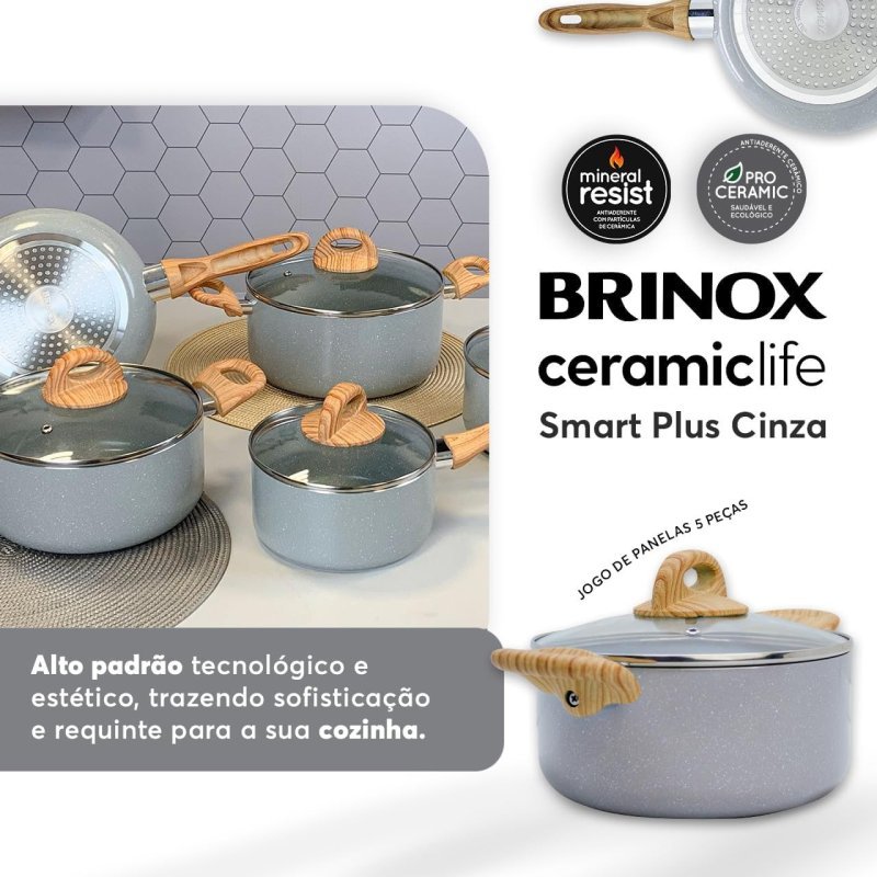 Brinox Jogo de Panelas Ceramic Life 5 Peças Smart Plus - Cinza Wooden