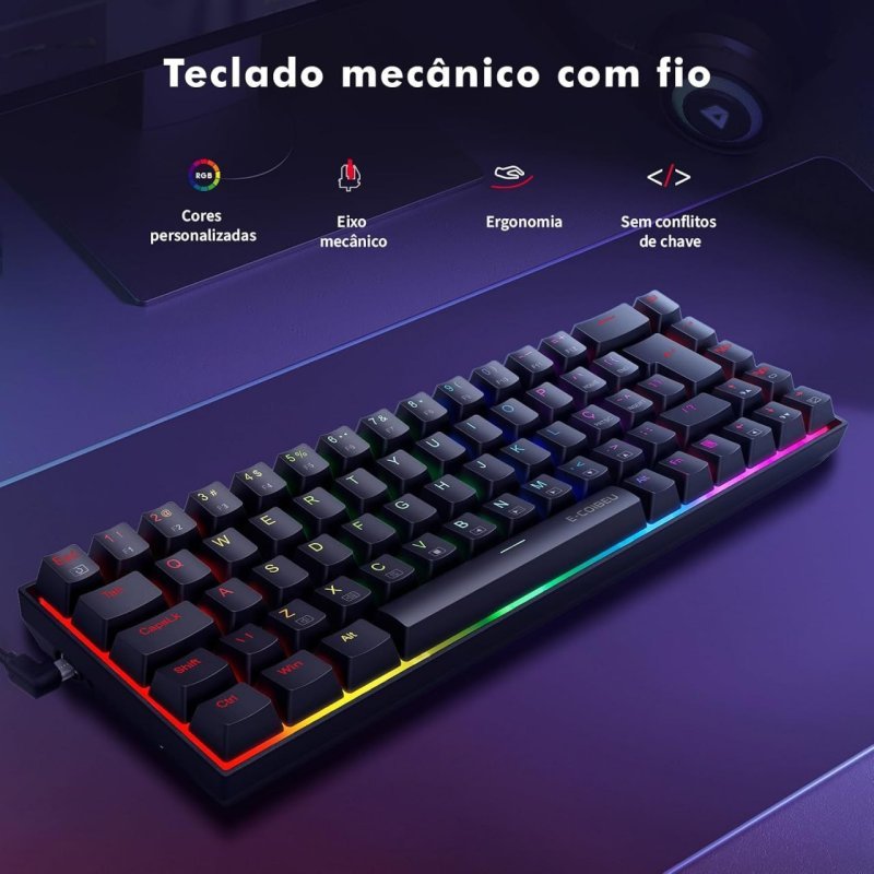 Teclado Gamer Mecanico, RGB, Switch Vermelho Hot-Swap, Anti-Ghosting, USB-C com Fio