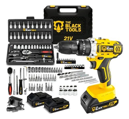 Furadeira Parafusadeira De Impacto 2 Baterias 21v + 46 Peças Amarelo 110v/220v 60hz