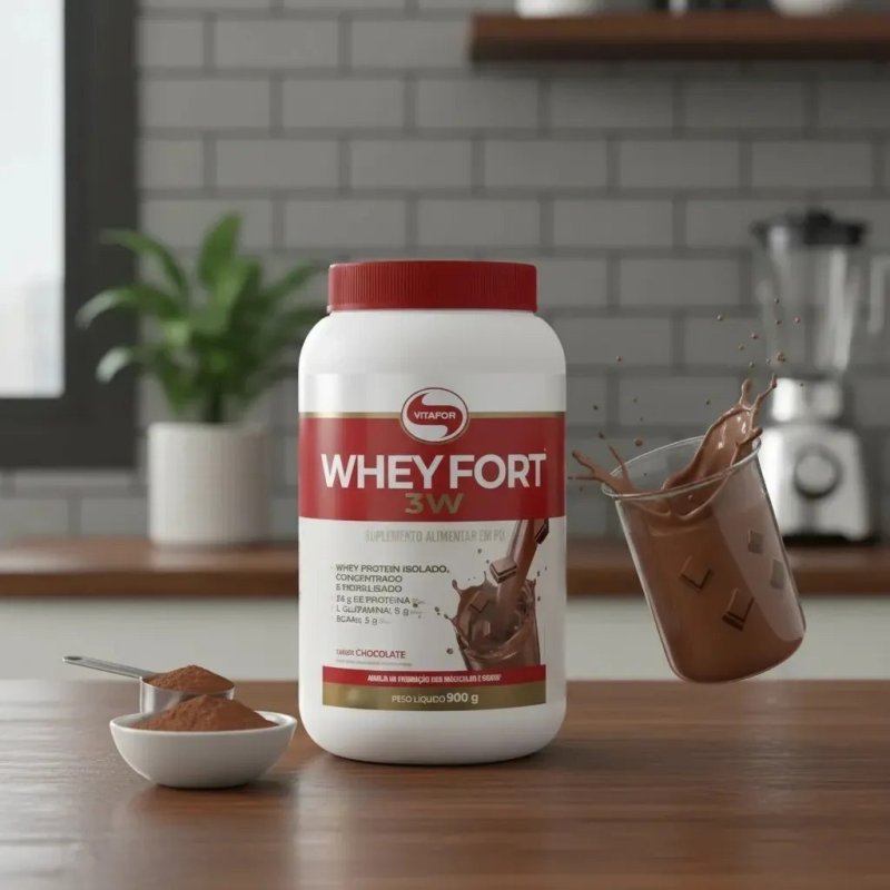 Whey Fort 3W Vitafor Proteína em Pó Sabor Chocolate - Pote de 900g