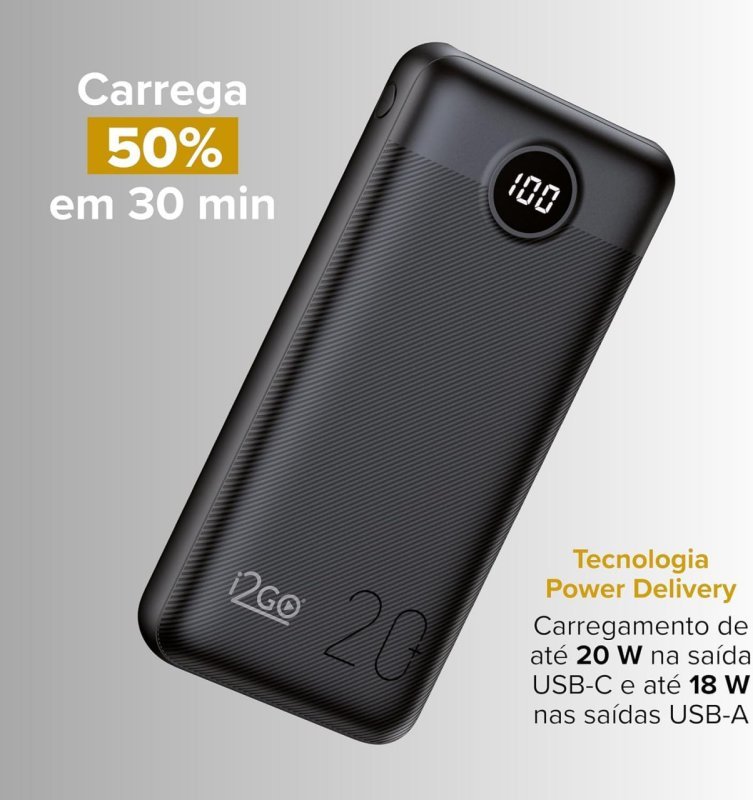 I2GO Power Bank 20000mAh - Power Delivery 20W - 2 USB + USB-C - Preto