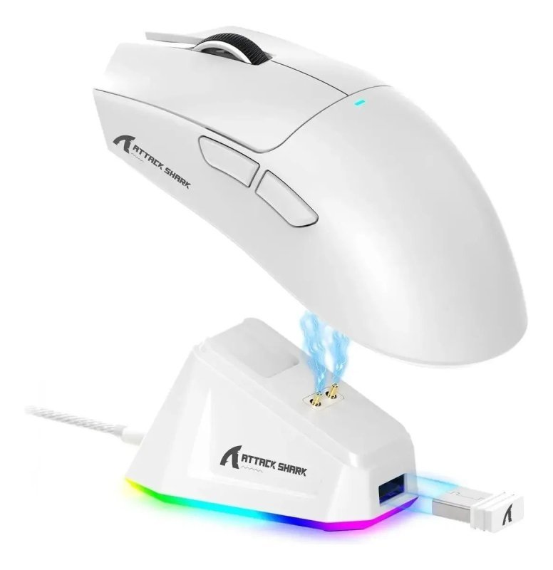 Mouse Gamer Sem Fio Attack Shark X11 PAW3311 branco Com Base