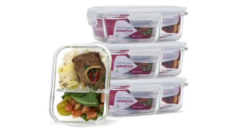 Kit 04 Potes Herméticos de Vidro com Divisória 640ml