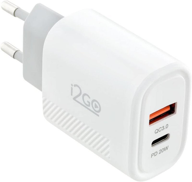 i2GO PRO Carregador Parede USB-C 20W + USB-A 18W - Branco