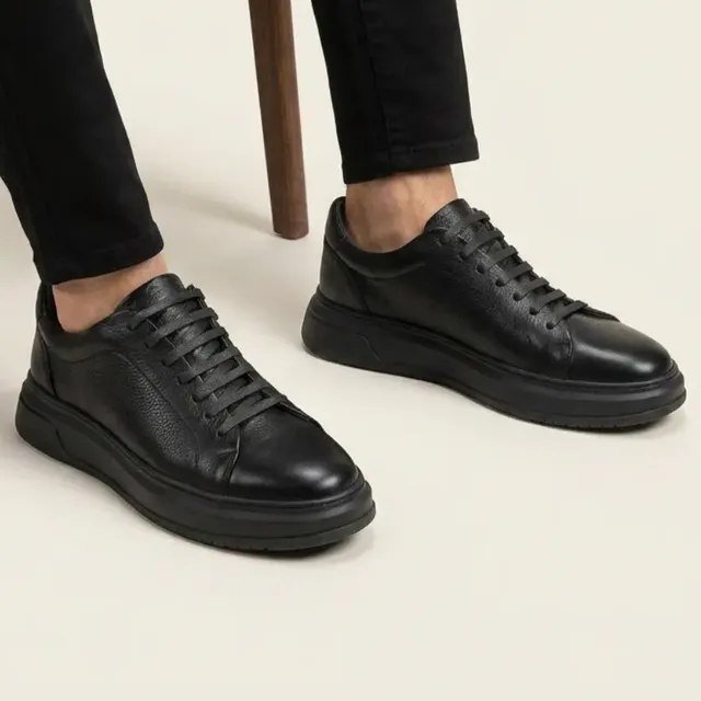 Tênis Masculino Couro Legítimo Casual Solado Alto Premium Preto