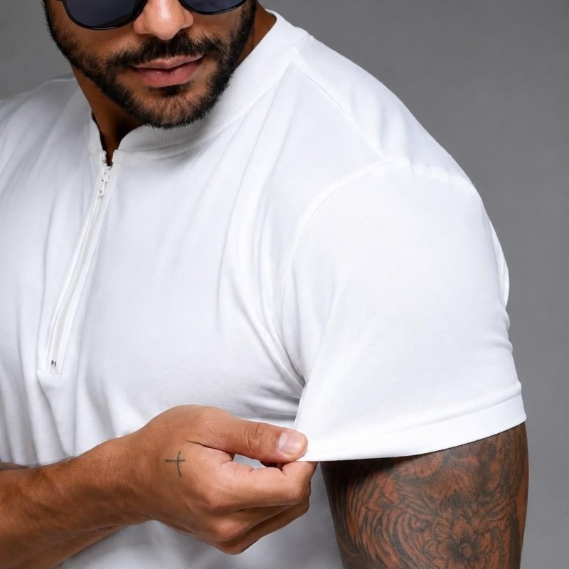 Camiseta Masculina Gola Padre Zíper Manga Curta Algodão
