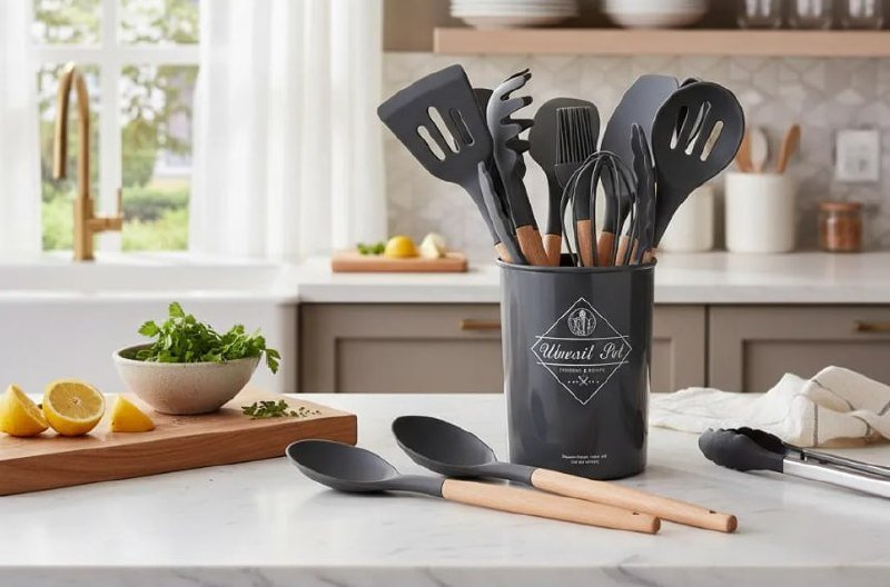 Kit 12 Utensílios De Cozinha Silicone Cabo Madeira