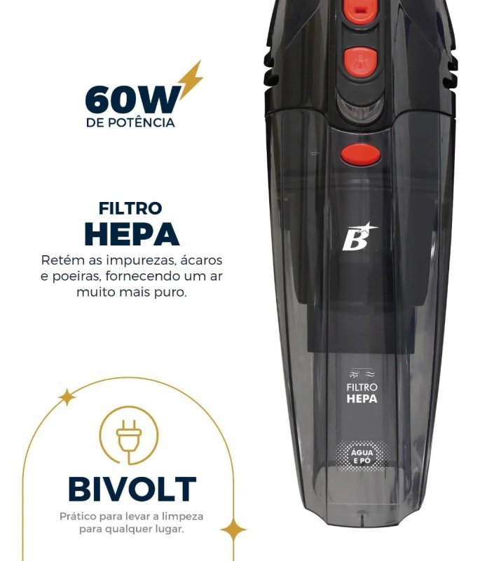 Aspirador De Pó Portátil Bas01 Pó E Água Bivolt 60w Britânia Cinza Sem Fio