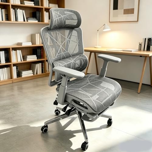 Cadeira de Escritório Ergonômica com Suporte Lombar, Encosto em Mesh Transpirável Braços 3D Ajustáveis e Apoio de Cabeça Regulável