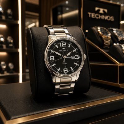 Relógio Technos Militar Masculino Prata Fundo Preto Quartzo Aço Inoxidável