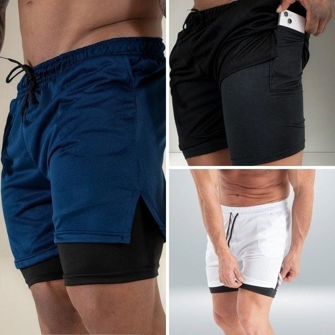 Kit com 3 Shorts 2 Em 1 Duplo Bolso + Frete Grátis