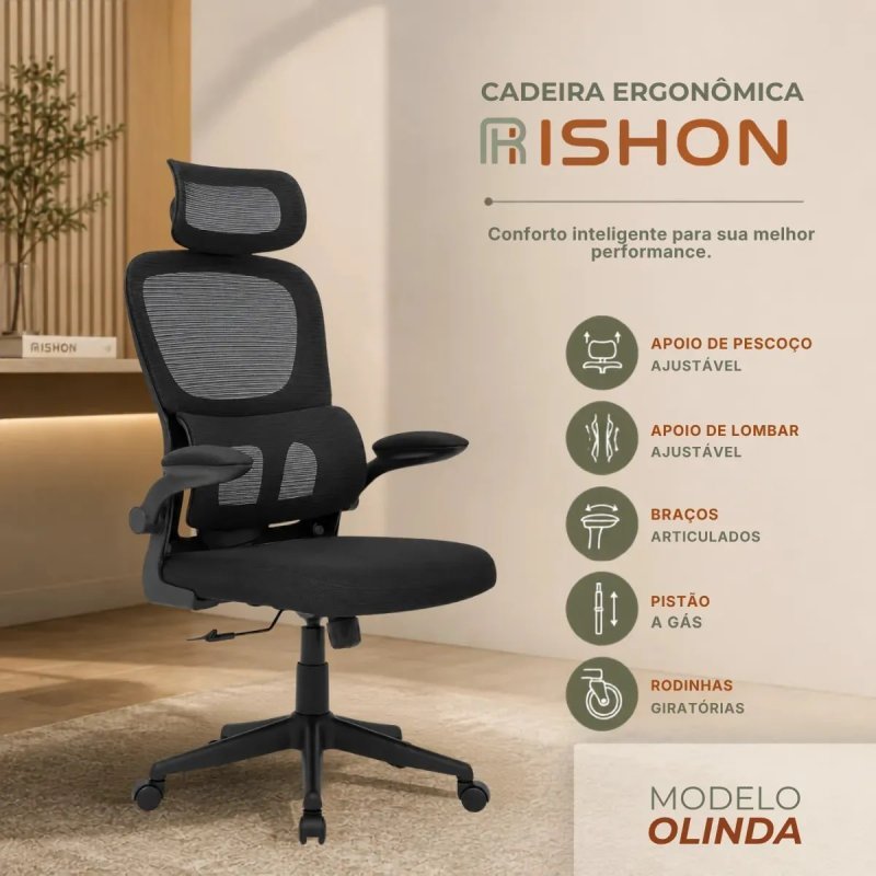 Rishon Olinda RSH500 - Cadeira Gamer Ergonômica Reclinável Mesh Preto