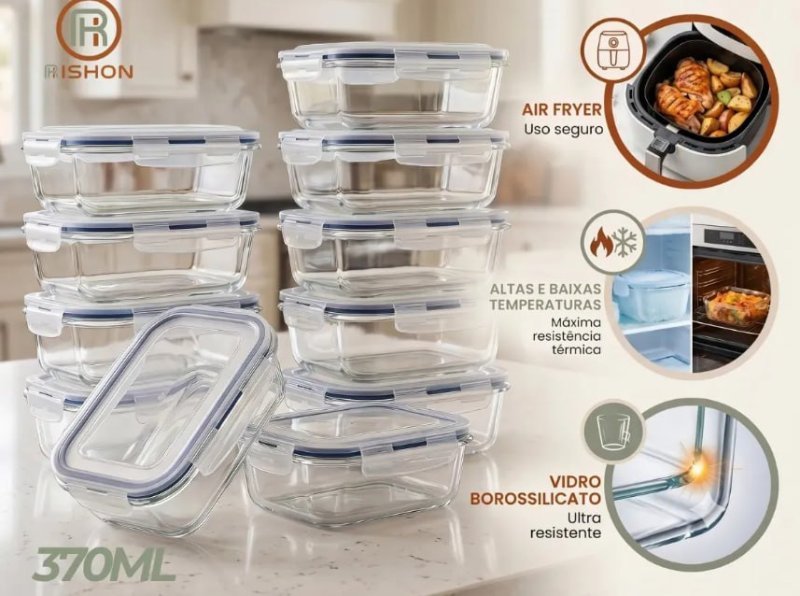 Kit 10 Potes Herméticos de Vidro 370ml