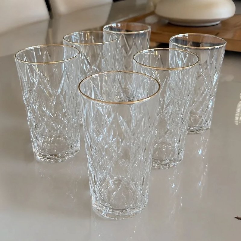 Jogo 6 Copos Altos Vidro 350ml Diamond Clear Borda Dourada Ke Home