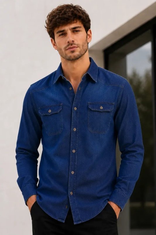 Camisa Jeans Slim Manga Longa Masculina