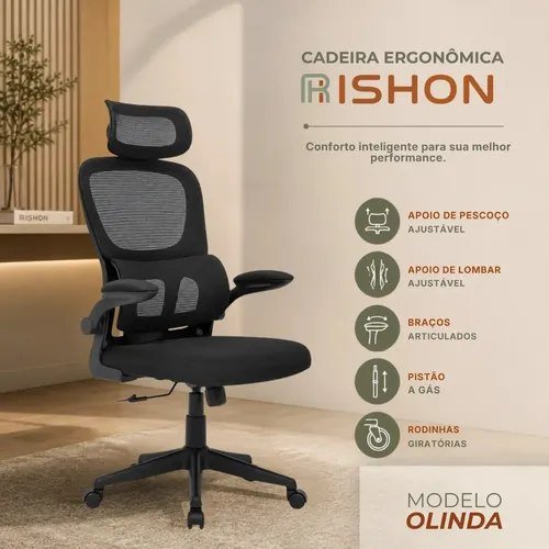 Cadeira Escritório Ergonômica Giratória Reclinável Olinda RSH500 Rishon Preto