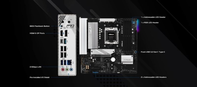 Placa Mãe Asrock B850M PRO RS (AM5/4xDDR5/HDMI/DP/M.2/USB 3.2)