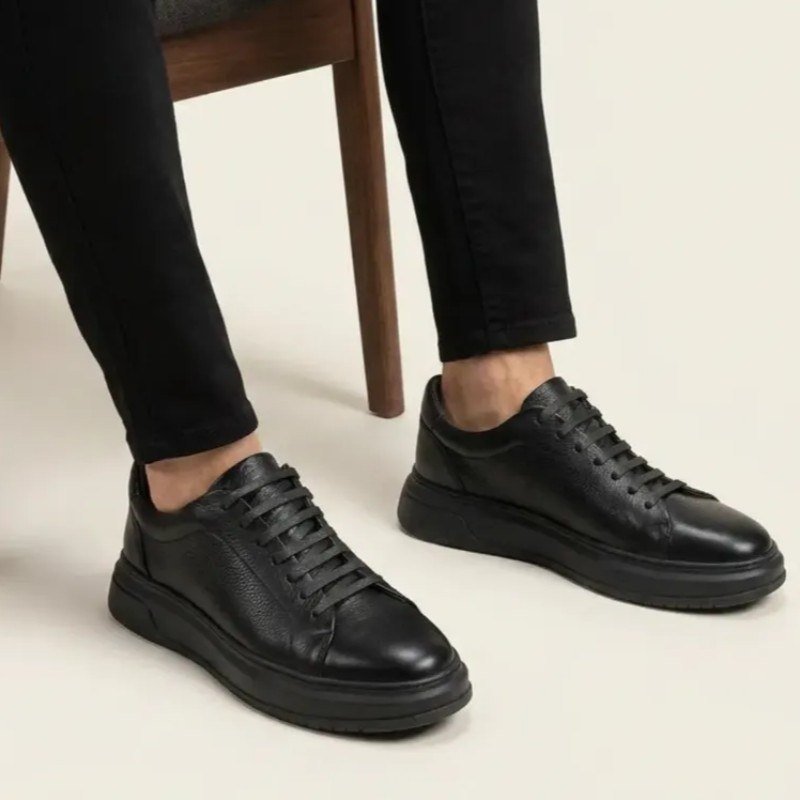 Tênis Masculino Couro Legítimo Casual Solado Alto Premium Preto (38 a 43)